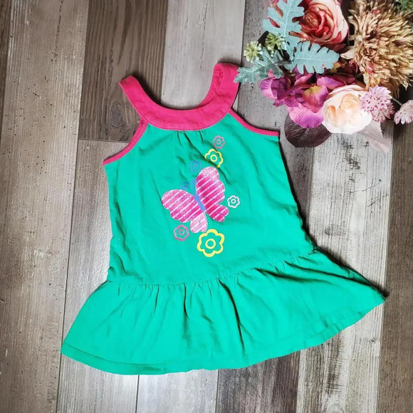 Circo Toddler Girl Size 3T Green and Pink Summer Butterfly Dress 100% Cotton - Picture 1 of 10